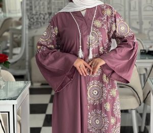 Burgundy Embroidered Kaftan Maxi Dress - Long Sleeve Modest Evening Wear with Intricate Circle Pattern | Plus Size Friendly