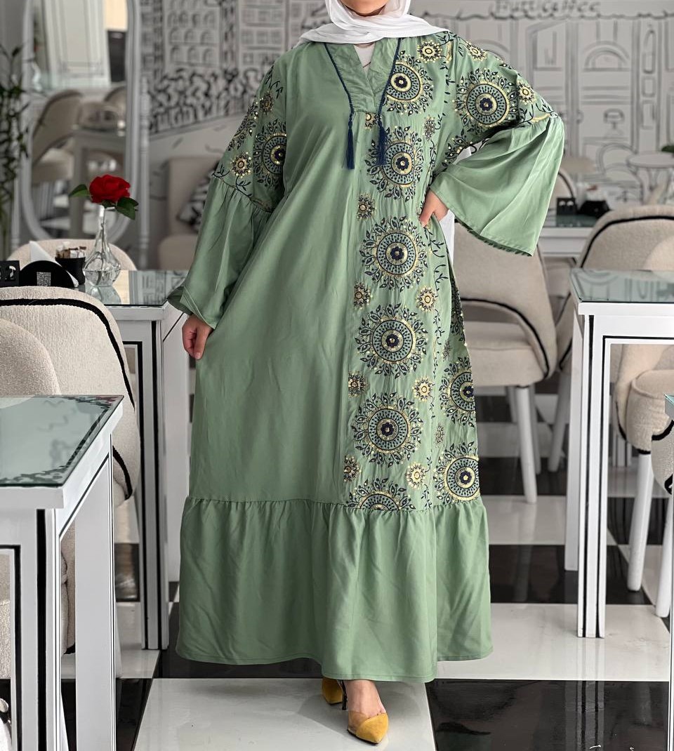 Sage Green Embroidered Kaftan Maxi Dress - Circular Pattern Long Sleeve Modest Wear - Image 2