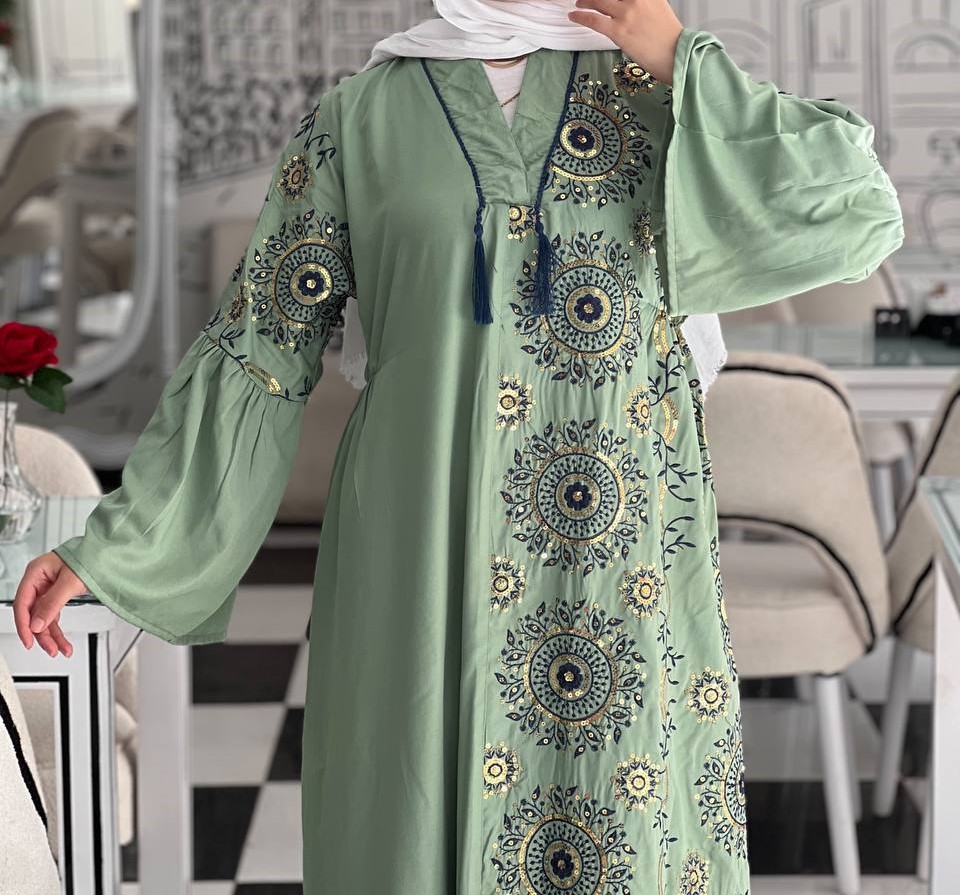 Sage Green Embroidered Kaftan Maxi Dress - Circular Pattern Long Sleeve Modest Wear - Image 3