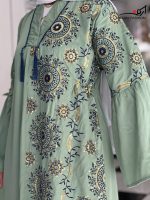 Sage Green Embroidered Kaftan Maxi Dress - Circular Pattern Long Sleeve Modest Wear