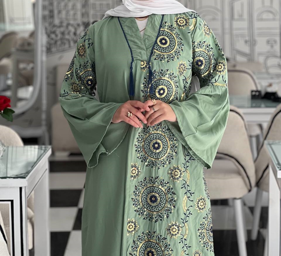 Sage Green Embroidered Kaftan Maxi Dress - Circular Pattern Long Sleeve Modest Wear - Image 5
