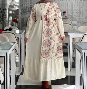 Cream Embroidered Kaftan with Burgundy Accents - Modest Maxi Dress with Red Tassels