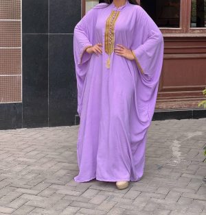 Lavender Purple Kaftan with Gold Embroidered Neckline - Oversized Maxi Dress