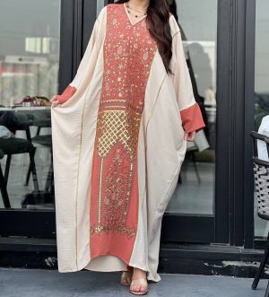Coral Embroidered Kaftan with Cream Overlay - Two-Tone Modest Maxi Dress