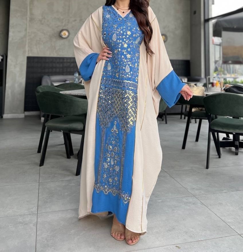 Royal Blue Embroidered Kaftan with Cream Overlay - Elegant Two-Piece Style Maxi - Image 2
