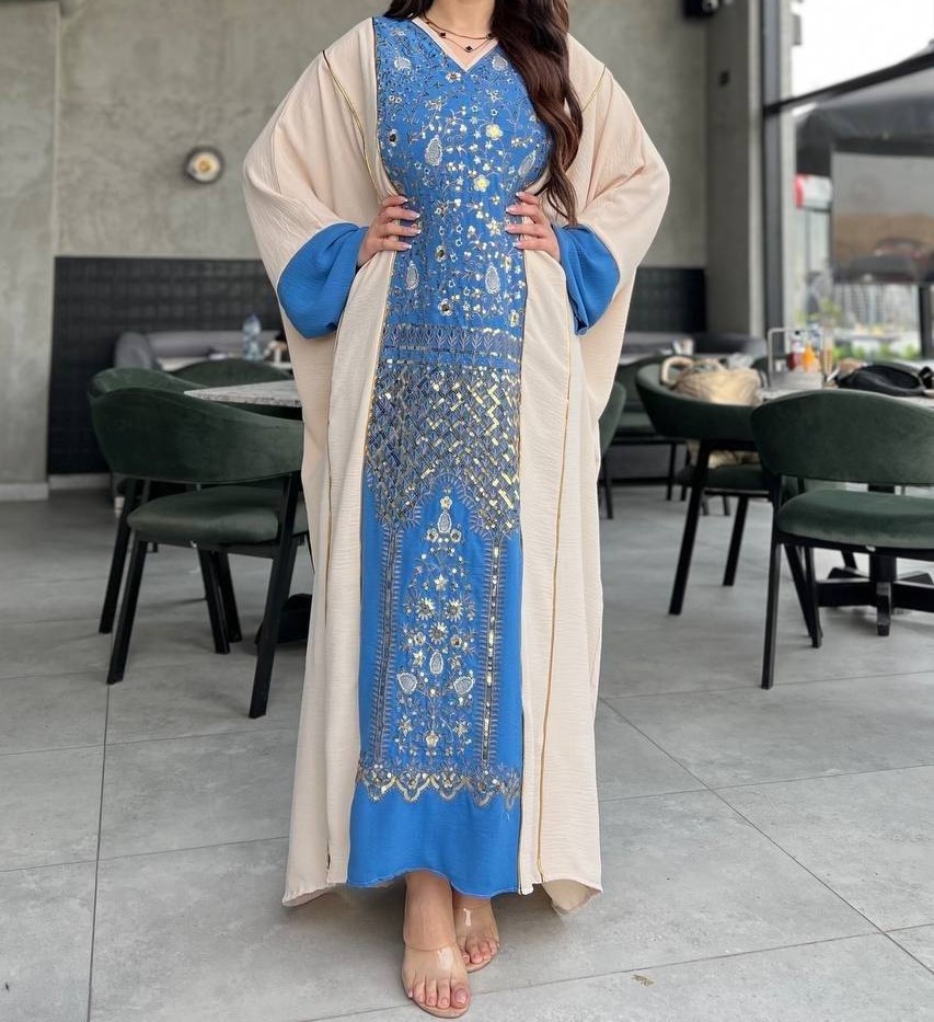 Royal Blue Embroidered Kaftan with Cream Overlay - Elegant Two-Piece Style Maxi