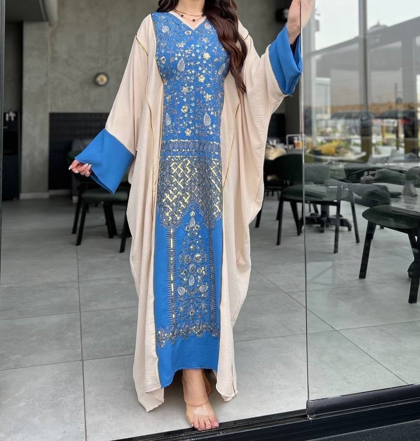 Royal Blue Embroidered Kaftan with Cream Overlay - Elegant Two-Piece Style Maxi - Image 4