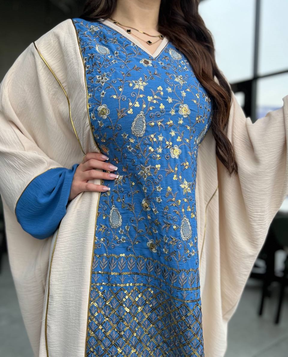 Royal Blue Embroidered Kaftan with Cream Overlay - Elegant Two-Piece Style Maxi - Image 5