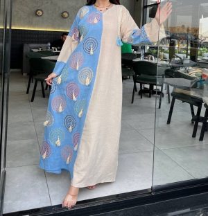 Light Blue Kaftan with Colorful Tassel Details - Bohemian Style Embroidered Maxi