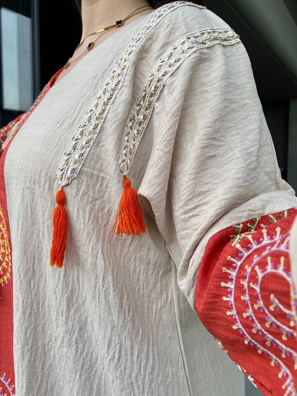 Cream Kaftan with Coral Embroidered Panel - Tassel Detail Modest Dress - Image 2