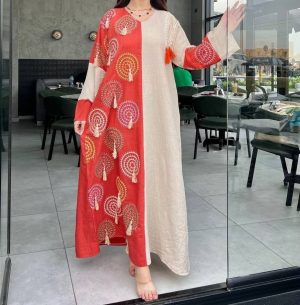 Cream Kaftan with Coral Embroidered Panel - Tassel Detail Modest Dress