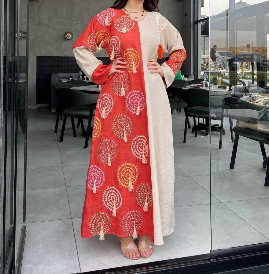 Cream Kaftan with Coral Embroidered Panel - Tassel Detail Modest Dress - Image 4