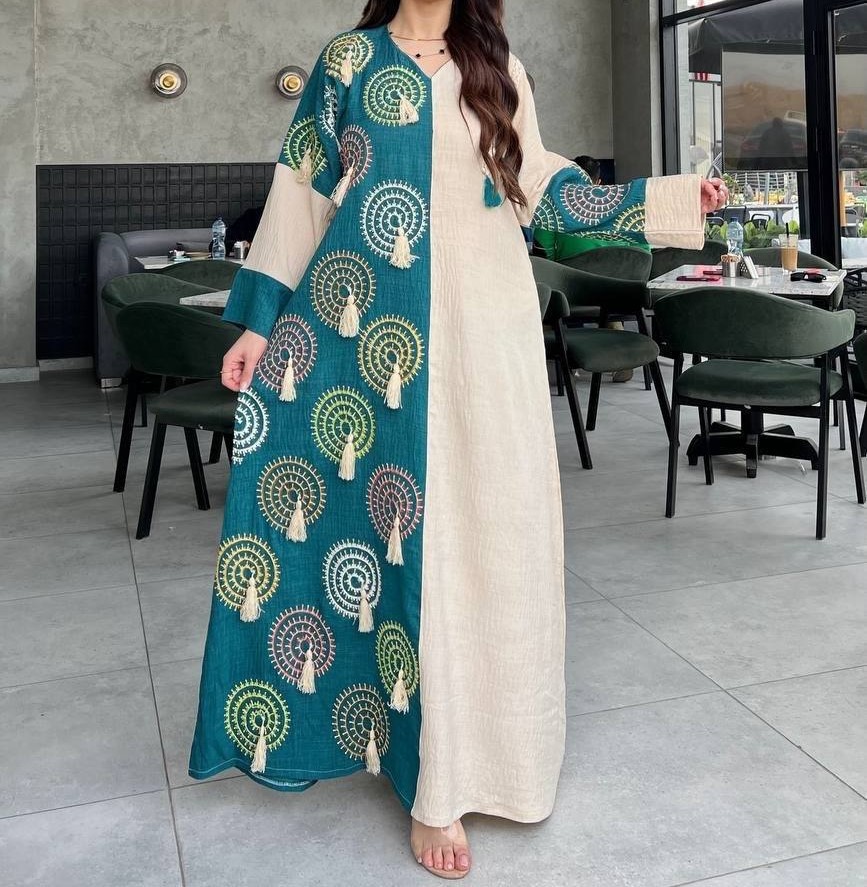 Teal Embroidered Kaftan with Cream Overlay - Multi-Tassel Bohemian Maxi - Image 2