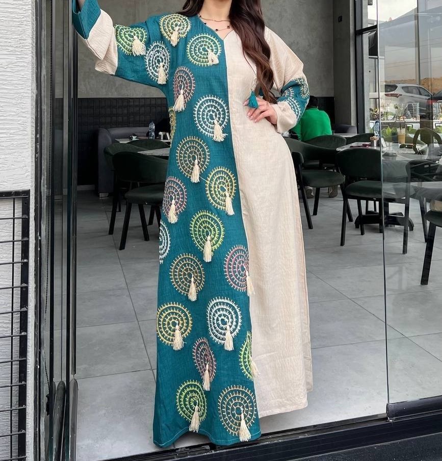 Teal Embroidered Kaftan with Cream Overlay - Multi-Tassel Bohemian Maxi