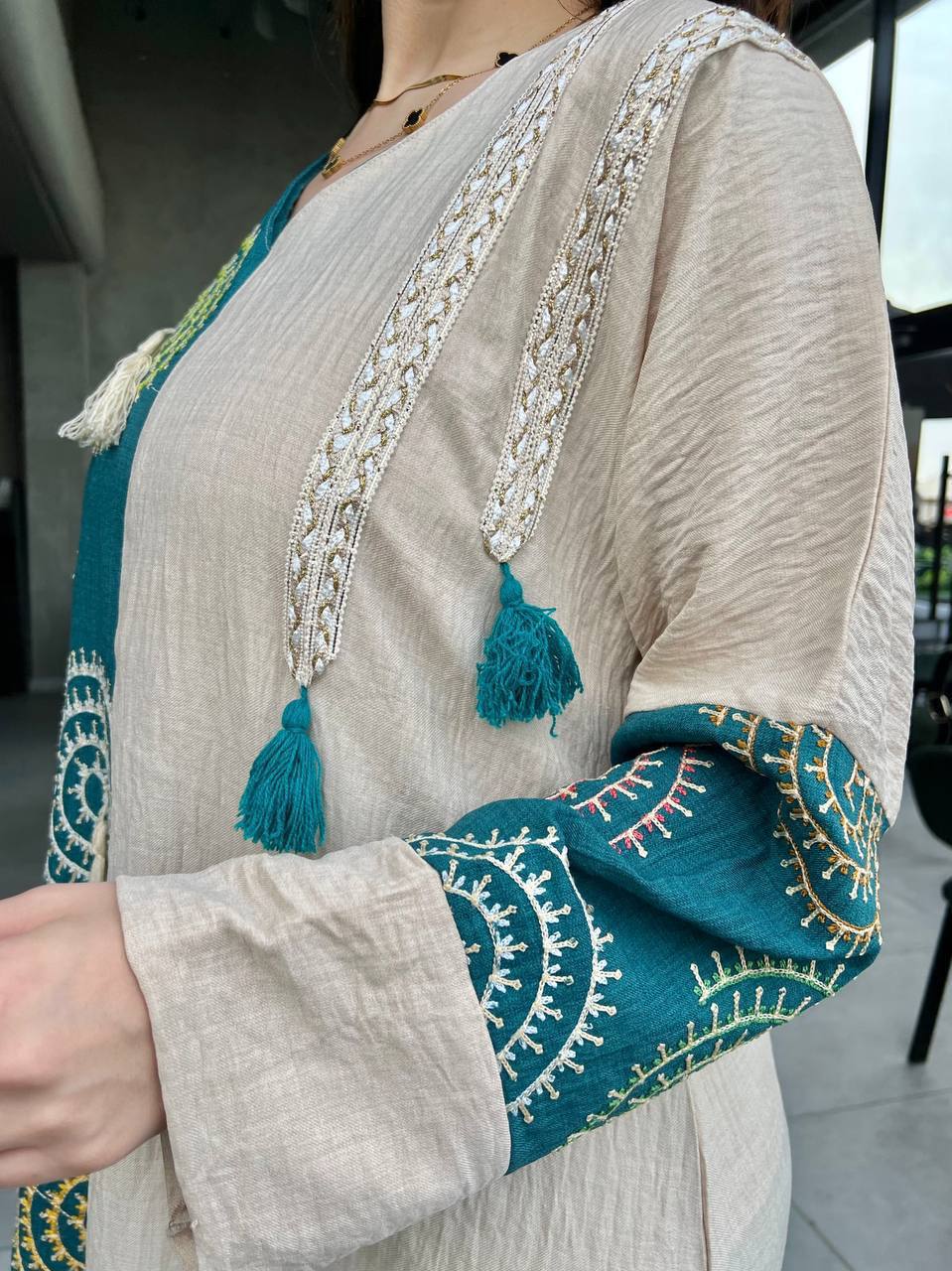 Teal Embroidered Kaftan with Cream Overlay - Multi-Tassel Bohemian Maxi - Image 5